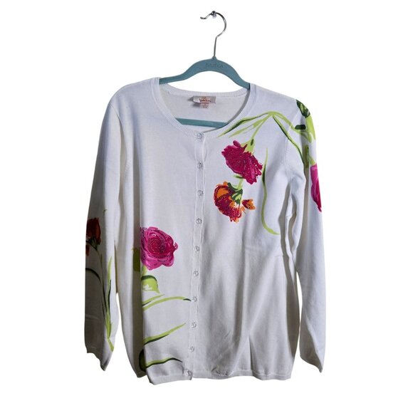 Quacker Factory White Pink Floral Sequined Plussize Cardigan Sweater Size 1X - Picture 2 of 9